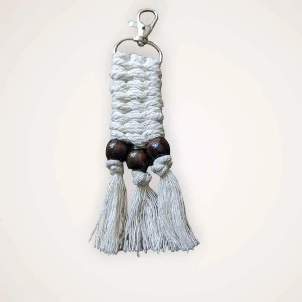 Beige Macrame Keychain with Breads on Swivel Clasp 6 in. Handmade